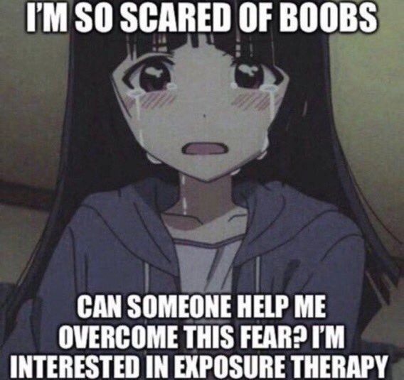 Photo by Big Country on December 05, 2022. May be an anime-style image of text that says 'I'M SO SCARED OF BOOBS CAN SOMEONE HELP ME OVERCOME THIS FEAR? I'M INTERESTED IN EXPOSURE THERAPY'.